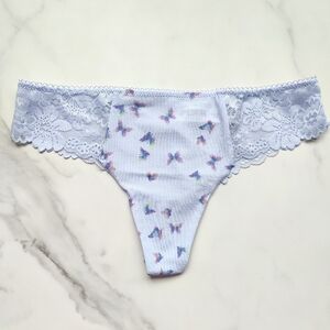 NWT PINK VICTORIA'S SECRET NO-SHOW LACE-TRIM THONG PANTY IN SOFT IRIS BUTTERFLY